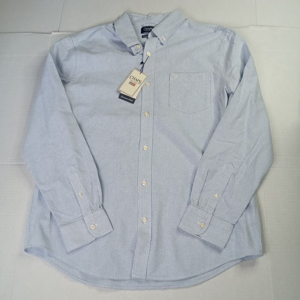 Chaps Seacoast Oxford Woven Shirt Men's L Blue‎ White Striped